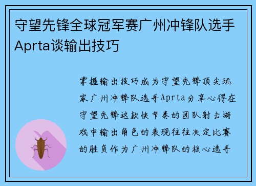 守望先锋全球冠军赛广州冲锋队选手Aprta谈输出技巧
